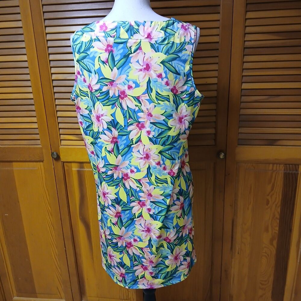 Caribbean Joe Women's Tropical Floral Sleeveless Blue Pink Shift Dress Large - Picture 6 of 9